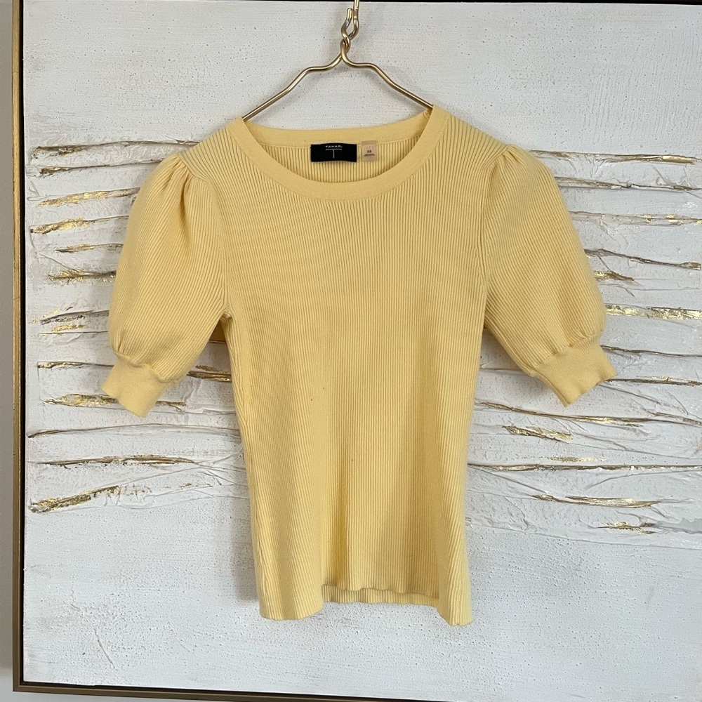 Tahari Light Yellow Ribbed Knit Top pastel summer preppy XS